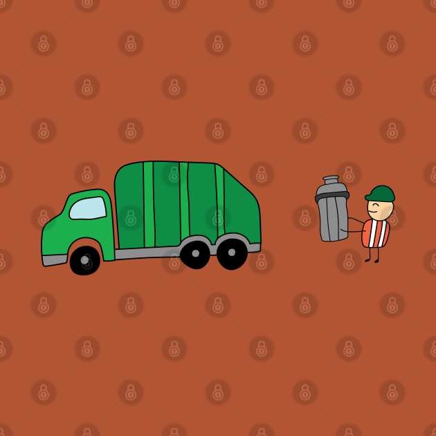 funny garbage man holding trash bin with garbage truck by wordspotrayal