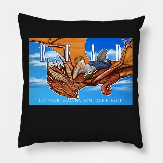 Read A Book and Fly Away on the Wings of A Dragon Pillow by PatrickScullin