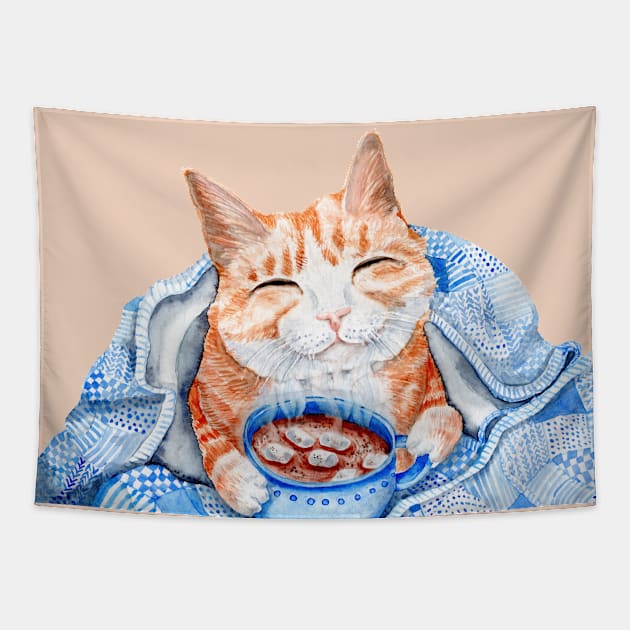 Cat with Hot Chocolate Tapestry by Goosi