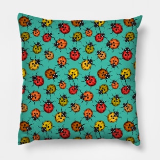 Colorful ladybugs on turquoise Pillow