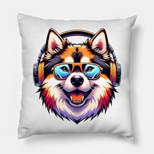 Norwegian Buhund as Smiling DJ with Headphones and Sunglasses Pillow