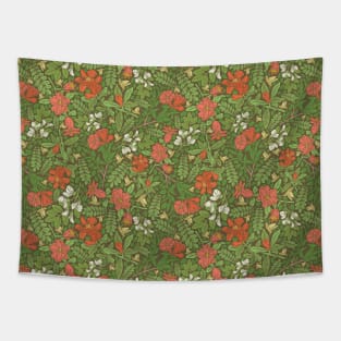 Pomegranate flowers with grasshoppers on green background Tapestry