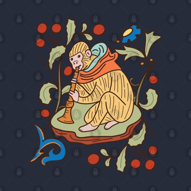 Cute Medieval Monkey Playing the Trumpet Colorful Drawing by MariOyama