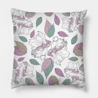 Assorted flowers and leaves on white background Pillow