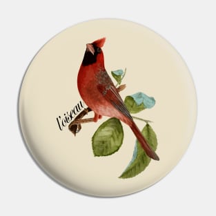 Beautiful Vintage L'Oiseau Red Cardinal Bird Illustration T-Shirt Pin