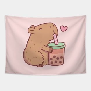 Cute Capybara Loves Bubble Tea Tapestry