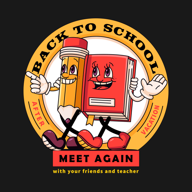 Back to school, pencil and book mascot walk together by Vyndesign