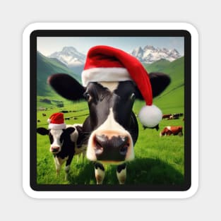 cow in the field wearing santa hat Magnet