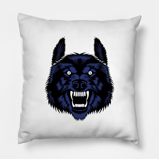 Wolf Face In Blue & Black Color - Fluffy Hairs Looking Scary Pillow by mangobanana