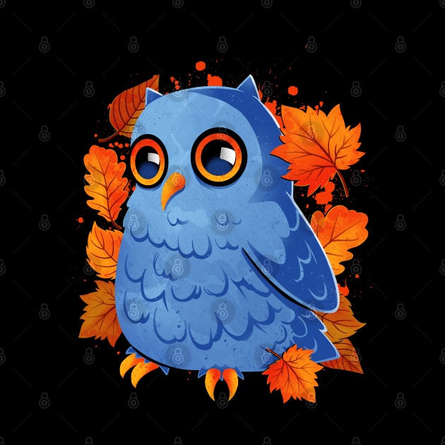 Blue Owl Orange Autumn Leaves by Digital Magician