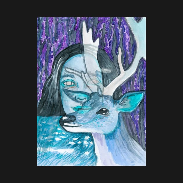 Psychedelic deer and girl by deadblackpony