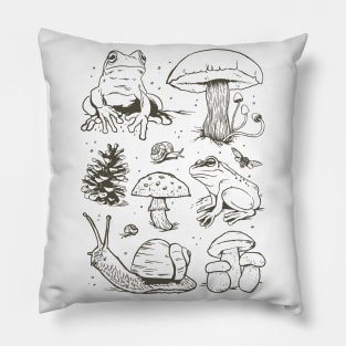 Cottagecore Aesthetic Mushrooms and Frog Hand Drawn Pillow