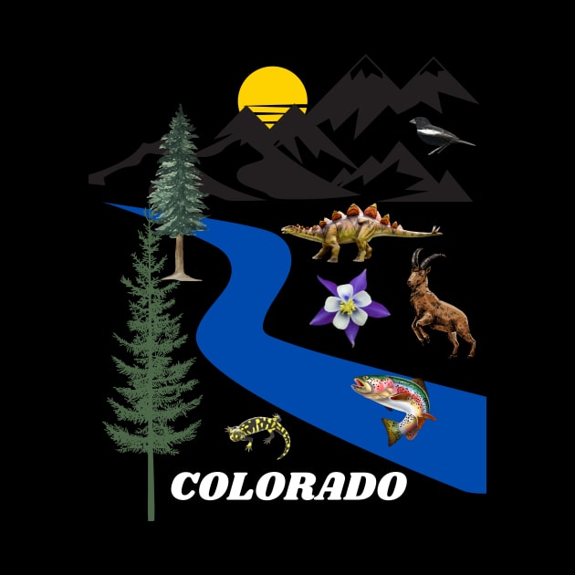 COLORADO SUN MOUNTAINS BLUE SPRUCE STREAMS AND COLUMBINE, BIGHORN SHEEP, LARK BUNTING, STEGOSAURS, WESTERN TIGER SALAMANDER, AND GREENBACK CUTTHROAT TROUT by Bristlecone Pine Co.