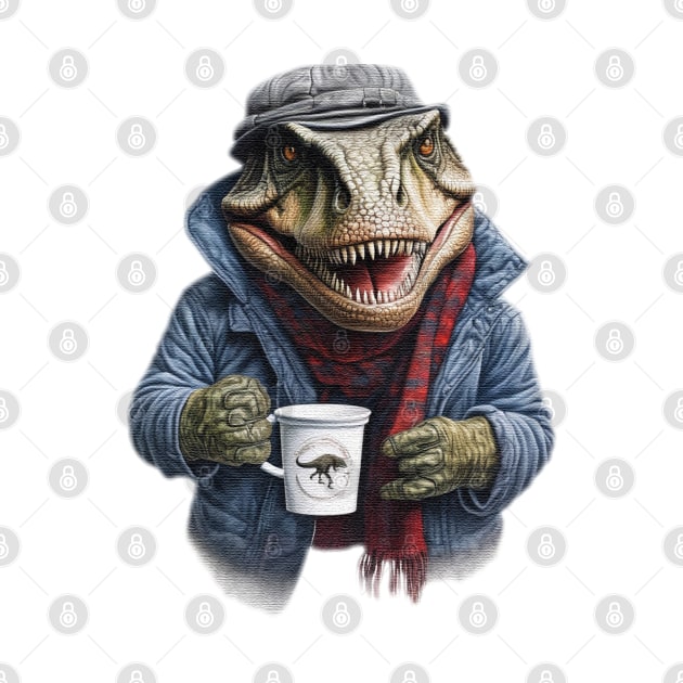 T-Rex wearing a jackets holding a cup of coffee by JnS Merch Store