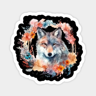 Colorful Wolf With Flowers Magnet