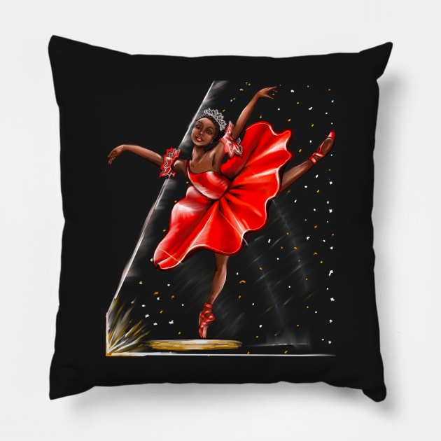 Ballet, African American ballerina in red pointe shoes, dress and crown 2 - ballerina doing pirouette in red tutu and red shoes  - brown skin ballerina Pillow by Artonmytee