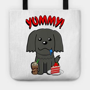 Cute black dog is having coffee and cake Tote