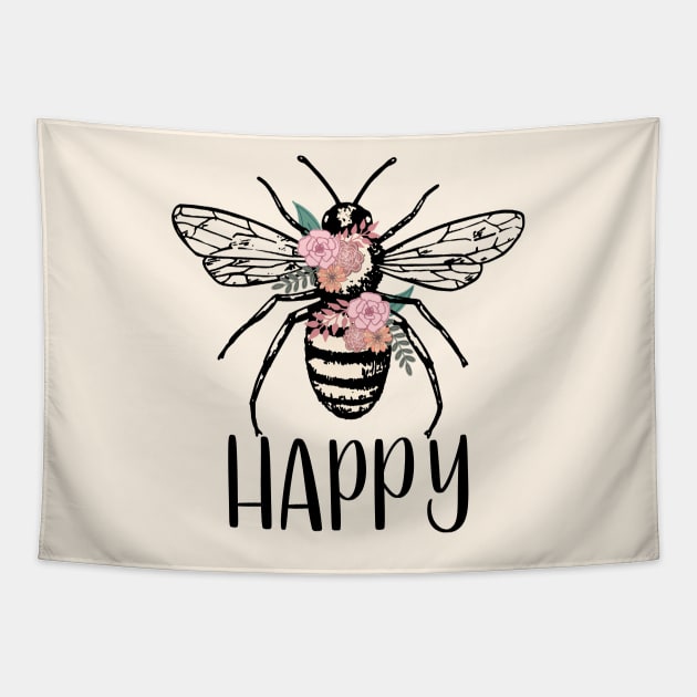 Floral Bee Happy Motivational Saying Tapestry by CDB Creations