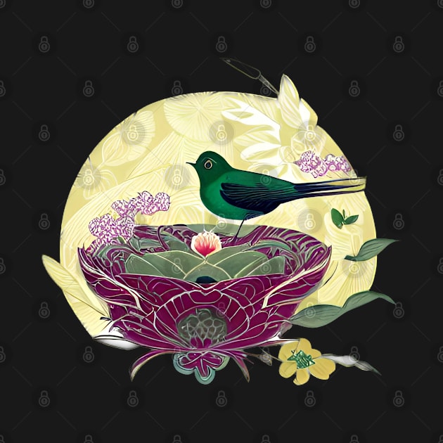 Bird in a Floral Nest - Adorable Wall Decor by Greenbubble