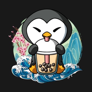 Boba Tea Penguin Japanese Great Wave Kanagawa T-Shirt