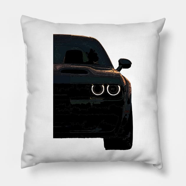 Dark Fury: BLACK Dodge Challenger Fiery Front Half Body Posterize Car Design Pillow by GearHead Threads