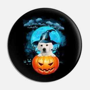 White Labrador Witch Hat Pumpkin And Blue Moon Halloween Pin