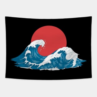 Blue waves sunset Tapestry
