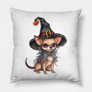 Watercolor Chihuahua Dog in Witch Hat Pillow