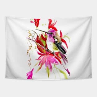 Little Hummingbird and Tropical Red flowers Tapestry