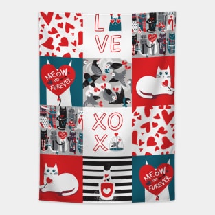 I love you meow and fur-ever PATCHWORK // grey green white purple beet and black cats red Valentine's Day motifs Tapestry