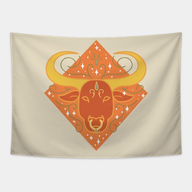 Taurus Bull (Orange) Tapestry by VenusAndMoon