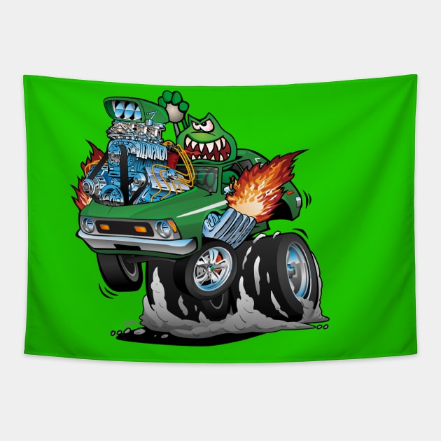 Seventies Green Hot Rod Funny Car Cartoon Tapestry by hobrath