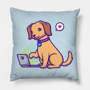 Cute Dog Playing Laptop Cartoon Pillow