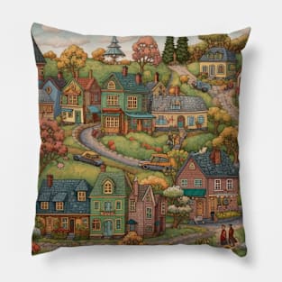 Cute cartoon spring city. Pillow