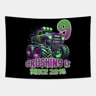 Monster Truck Birthday Tee 9th Birthday Boy Gift Awesome Since 2015 Tee Custom Monster Truck Tee Tapestry