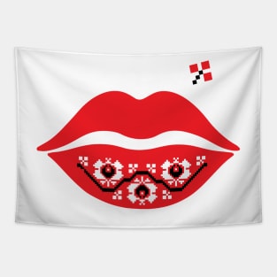 Red Lips - Traditional Romanian folk art knitted embroidery pattern Tapestry