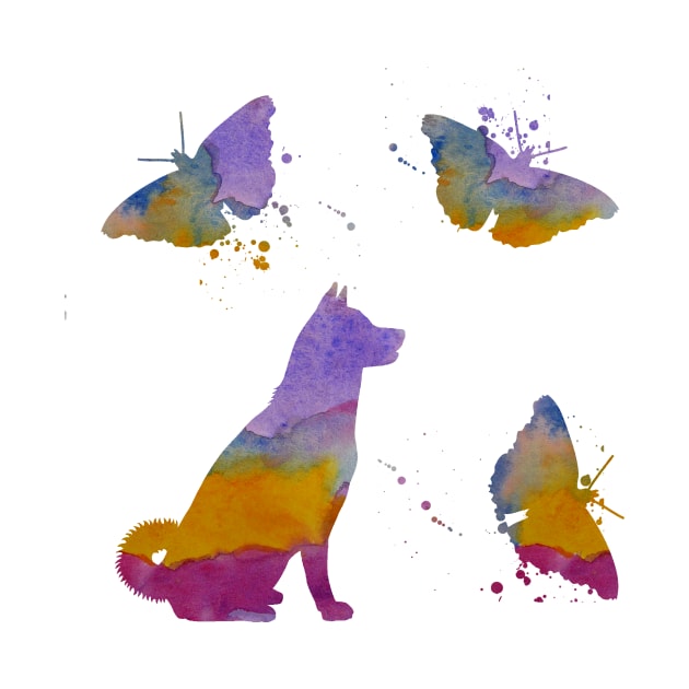 Akita Art With Butterlies, Dog by BittenByErmines