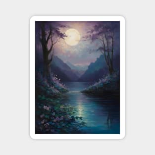 Moonlit Lake Surrounded by Blooming Trees and Mountain Range Magnet