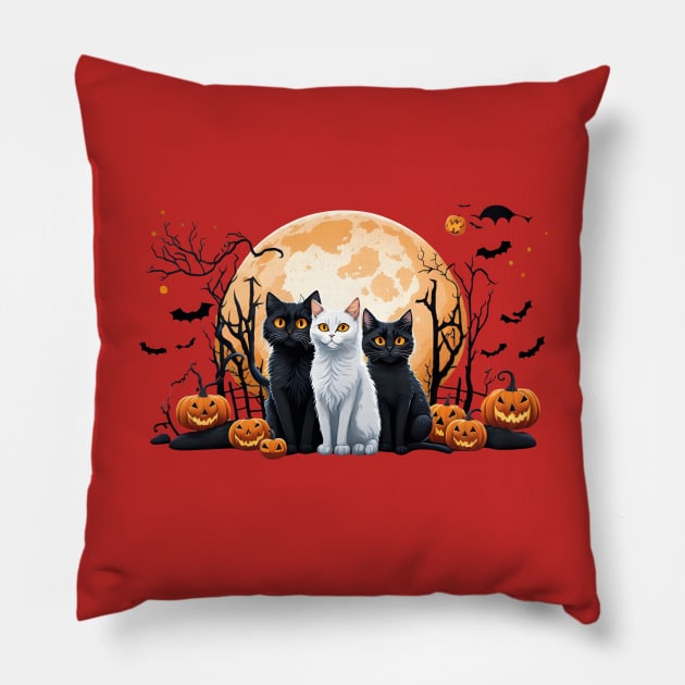 "Harmonious Halloween: Cat Lovers Under the Big Full Moon with Black and White triple cats" Pillow by Ratchyshop