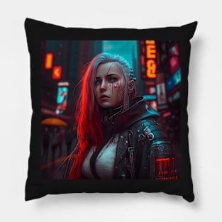 Cyberpunk Female Cyborg White Tee Leather Coat - Photography Pillow