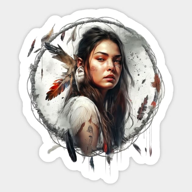 Dreamcatcher Girl, Native American design with dream catcher and feathers -  Dreamcatcher - Sticker