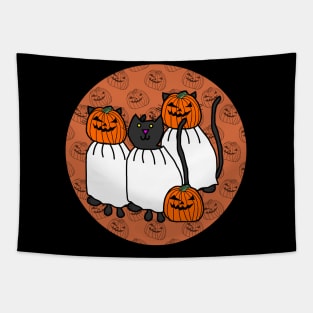 Horror Cats in Halloween Pumpkin Head Costumes Tapestry