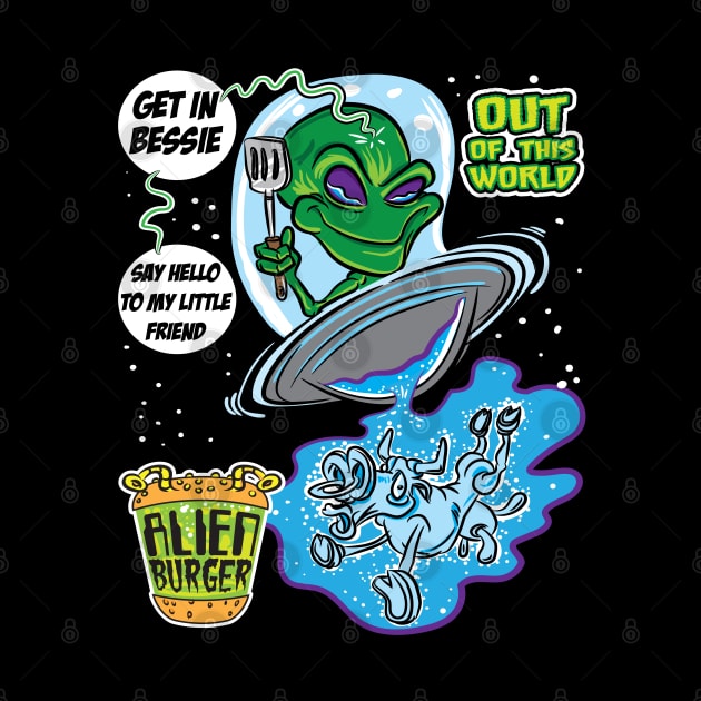 Alien Cow Abduction by an extraterrestrial in a UFO with a spatula by eShirtLabs