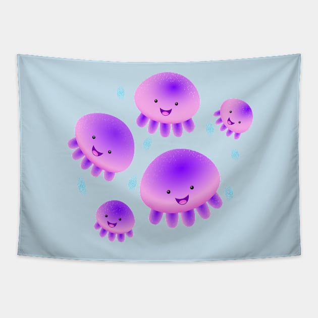 Cute pink purple jellyfish kawaii cartoon Tapestry by FrogFactory