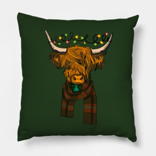 Scottish Highland Cow With Christmas Lights Pillow