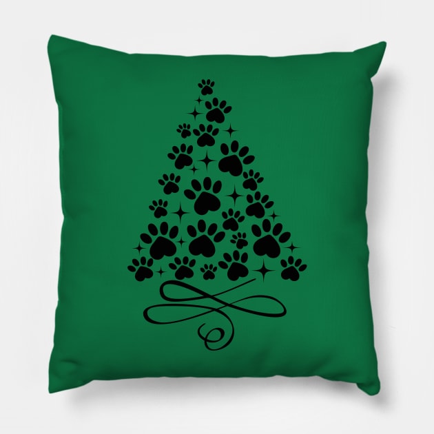 Dog Paw Christmas Tree - Black Pillow by Young Designz