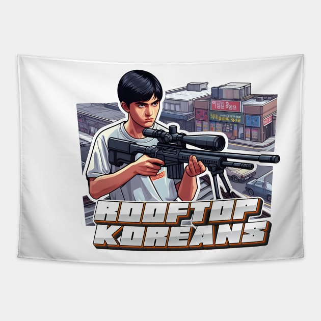 Rooftop Koreans Tapestry by Rawlifegraphic