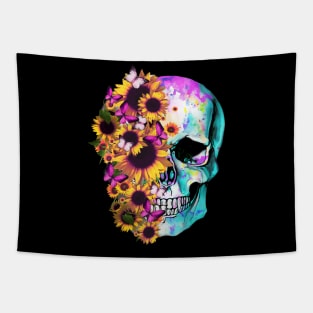 tatoo skull flowers sunflowers design art illustration Tapestry