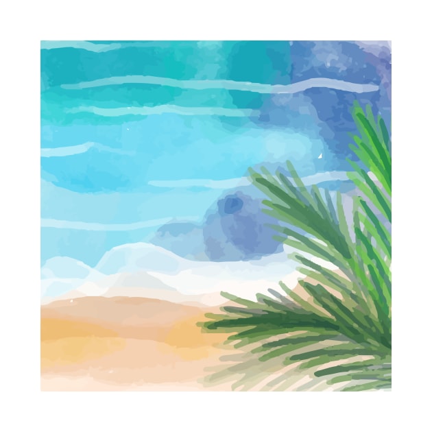 Pretty Watercolor Shoreline with Palm Fronds by Makanahele