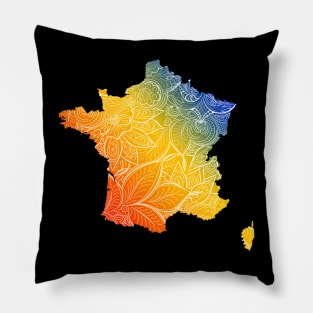 Colorful mandala art map of France with text in blue, yellow, and red Pillow